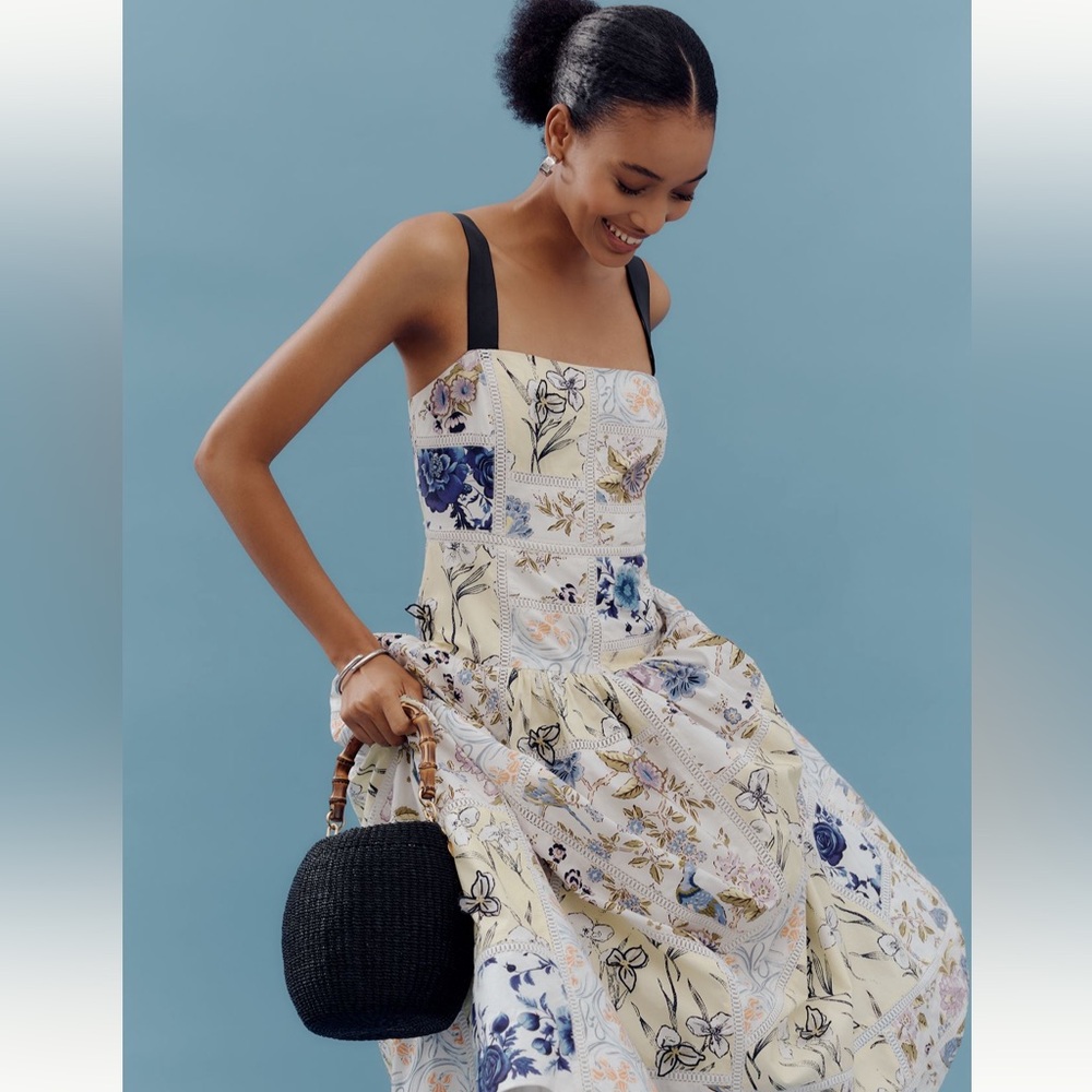 Maeve Cotton Sleeveless Square-Neck Tile Printed Patchwork Midi Dress - Picture 3 of 9